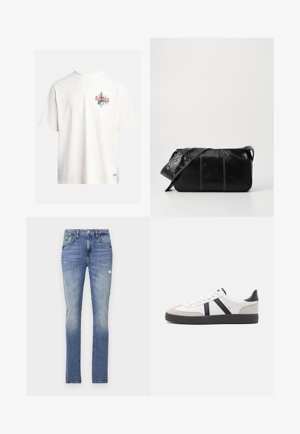 Kreemikollane puuvillane T-särk lühikeste varrukatega ja ümara kaelusega. Omab sinist ja punast graafilist trükist, millel on tekst ja motiiv.; Heledad denim teksad, millel on klassikaline lõige, tuhm viimistlus, kerge kulumine, vöökonksud, viis taskut ja hõbedane riistvara.; Valged tossud mustade ja hallide aktsentidega, tekstureeritud halli varbakattega, musta kummitald ja lamedad valged paelad. Puhtad jooned, minimalistlik stiil.; Must mustra nahkainine õlakott, millel on tõmblukk, tekstureeritud pind, valged õmblused ja rihm hõbedaste rõngastega.