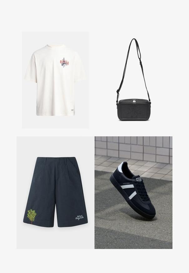 Kremowa bawełniana koszulka z krótkim rękawem i okrągłym dekoltem. Posiada graficzny nadruk w niebieskim i czerwonym kolorze z tekstem oraz motywem.; Granatowe szorty z lekkiego materiału, z zielonym haftowanym wzorem drzewa i białym logo napisanym w prawym dolnym rogu.; Czarne skórzane sneakersy z białymi paskami, teksturowana gumowa podeszwa i sznurowane z przodu. Posiadają metkę marki na języku.; Czarna skórzana torba na ramię z zamkiem błyskawicznym, wytłoczone logo na przodzie i regulowanym paskiem. Gładka tekstura w prostokątnym kształcie.