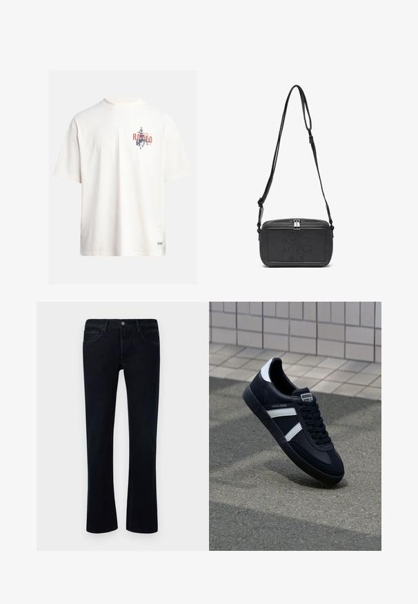 Kerman puuvillane T-särk lühikeste varrukatega ja ümmarguse kaelusega. Omab sinist ja punast graafilist trükist tekstiga ja motiiviga.; Mustat farkut, joissa on hieman levenevä lahje, viisi taskua, vyölenkit ja nappikiinnitys valkoista taustaa vasten.; Mustat nahkakengät valkoisilla raidoilla, teksturoitu kumipohja ja nauha edessä. Varustettu merkkitarralla kielen päällä.; Musta nahkainen olkalaukku vetoketjulla, etuosassa kohoamalla painettu logo ja säädettävä hihna. Sujuva pinta ja suorakulmainen muoto.