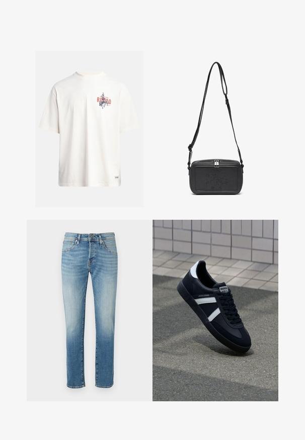 T-shirt in cotone crema con maniche corte e scollatura a girocollo. Presenta una stampa grafica in blu e rosso con testo e un motivo.; Jeans in denim azzurro chiaro con sezioni sbiadite, taglio dritto, design a cinque tasche e chiusura semplice con bottone metallico in vita.; Sneaker neri in pelle con strisce bianche, suola in gomma texturizzata e allacciatura frontale. Presenta un'etichetta con il marchio sulla linguetta.; Borsa a tracolla nera in pelle con chiusura zip, logo impresso sul davanti e tracolla regolabile. Texture liscia con forma rettangolare.