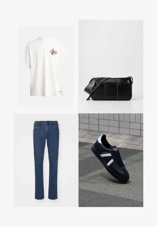 Krémové bavlněné tričko s krátkými rukávy a kulatým výstřihem. Obsahuje grafický potisk v modré a červené barvě s textem a motivem.; Tmavě modré džíny z denimu se střihem rovné nohavice, obsahují pět kapes a klasické zapínání na knoflík a zip. Hladká textura.; Černé kožené tenisky s bílými pruhy, texturovanou gumovou podrážkou a šněrováním vpředu. Obsahují značenou etiketu na jazyku.; Černá kožená kabelka přes rameno se zapínáním na zip, s texturovaným tělem, bílým prošíváním a popruhem se stříbrnými očky.
