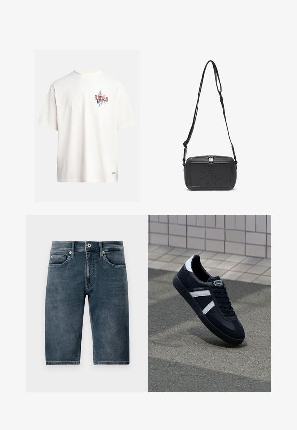 Kreminės spalvos medvilninė marškinė su trumptomis Rankovėmis ir apvaliu iškirpimu. Su grafiniu spausdinimu mėlynos ir raudonos spalvos su tekstu ir motyvu.; Tamsiai mėlyni džinsiniai šortai, iki kelių, su lygiu paviršiumi, penkios kišenės ir metalinis mygtuko užsegimas. Šiek tiek blukinta danga suteikia kasdienį įvaizdį.; Juodas odinis sportinis batelis su baltais dryžiais, tekstūruota gumine padais ir raišteliais priekyje. Yra prekės ženklą žymintis etiketė ant liežuvio.; Juodas odinis per petį nešiojamas krepšys su užtrauktuku, iškilniu logotipu priekyje ir reguliuojama dirželiu. Lygus paviršius, stačiakampio formos.