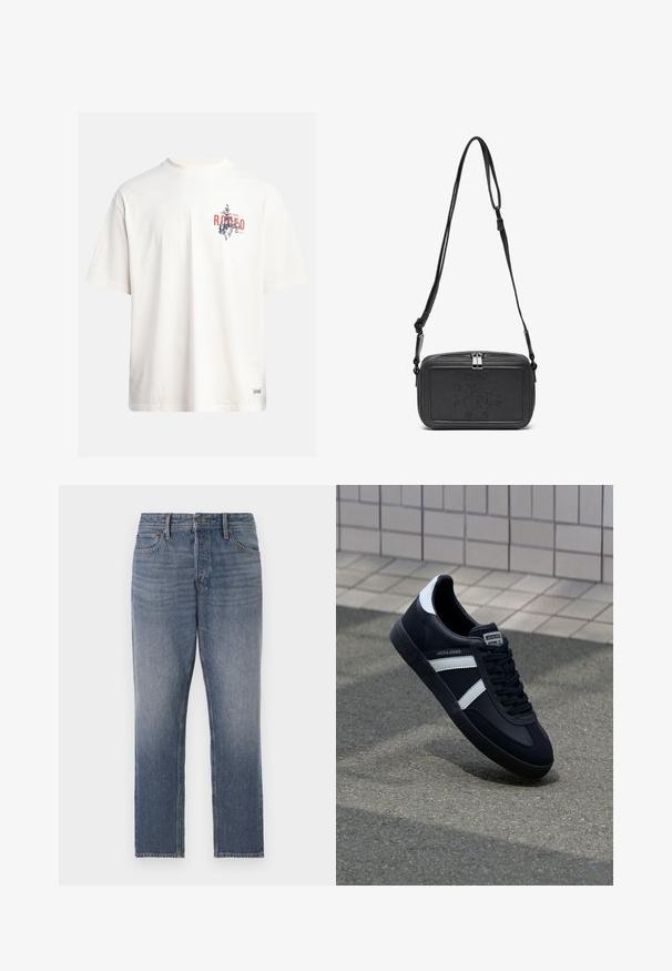 Krēmkrāsas kokvilnas T-krekls ar īsām piedurknēm un apaļu kakla izgriezumu. Ar zilas un sarkanas krāsas grafisku druku, kas ietver tekstu un motīvu.; Tumši zili džinsi ar taisna piegriezuma dizainu, kas ir ar izbalējušu mazgāšanu, piecu kabatu un vara krāsas aksesuāriem. Tīra, klasiskā izskats.; Melnā ādas sporta apavi ar baltām svītrām, teksturēta gumijas zole un auklu aizdare. Iekļauj zīmola etiķeti uz mēles.; Melna ādas soma uz pleca ar zīmolu, slēdzamu rāvējslēdzēju un regulējamu siksnu. Gluda tekstūra un taisnstūru forma.