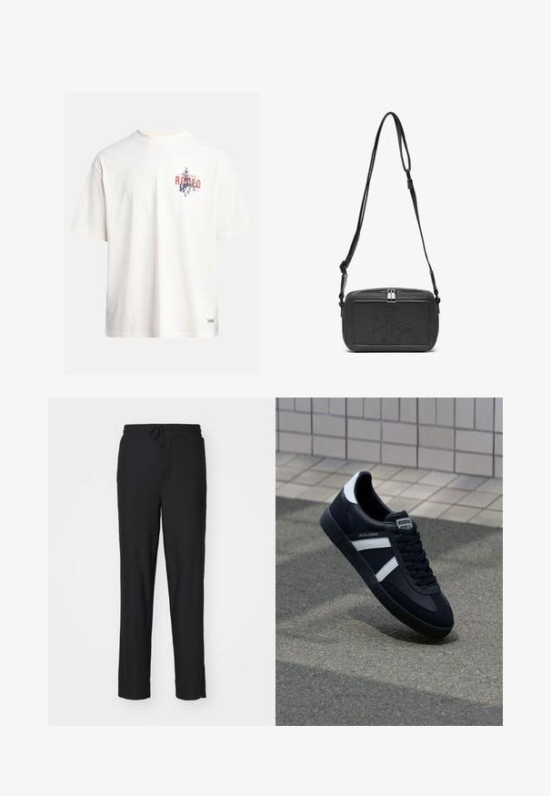 Cream cotton t-shirt with short sleeves and a crew neckline. Features a graphic print in blue and red with text and a motif.; Black, ribbed knit pants with an elastic waistband and drawstring. Straight-leg design, smooth texture, and no visible markings or patterns.; Black leather sneaker with white stripes, textured rubber sole, and lace-up front. Features a branded label on the tongue.; Black leather crossbody bag with a zip closure, embossed logo on the front, and adjustable strap. Smooth texture with a rectangular shape.