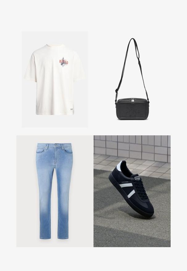 Krémové bavlnené tričko s krátkymi rukávmi a okrúhlym výstrihom. Obsahuje grafický potlač v modrej a červenej farbe s textom a motívom.; Svetlomodré džíny z denimu so strižou rovného strihu, piatimi vreckami a gombíkovým zapínaním. Obsahujú vyblednutú štruktúru a štandardné šitie.; Čierne kožené tenisky s bielymi pruhmi, textúrovanou gumovou podrážkou a šnurovaním vpredu. Obsahujú označenie značky na jazyku.; Čierna kožená crossbody taška so zipsom, s embosovaným logom na prednej strane a nastaviteľným popruhom. Hladká textura a obdlžníkový tvar.