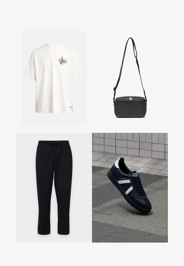 Cremfarbendes Baumwoll-T-Shirt mit kurzen Ärmeln und Rundhalsausschnitt. Verfügt über einen grafischen Druck in Blau und Rot mit Text und Motiv.; Only & Sons ONSCONNOR STRAIGHT PANTS - Jogginghose - black; Schwarze Leder-Sneaker mit weißen Streifen, strukturiertem Gummisohle und Schnürung. Verfügt über ein Markenetikett auf der Zunge.; Schwarze Leder-Crossbody-Tasche mit einem Reißverschluss, geprägtem Logo auf der Vorderseite und verstellbarem Riemen. Glatte Textur mit rechteckiger Form.