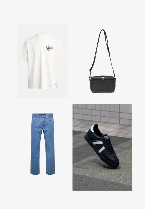 Krēmkrāsas kokvilnas T-krekls ar īsām piedurknēm un apaļu kakla izgriezumu. Ar zilas un sarkanas krāsas grafisku druku, kas ietver tekstu un motīvu.; Gai zilgani džinsi ar taisnu kāju dizainu, piecām kabatām un pogu aizdari. Izceļas ar strukturētu audumu un klasiskām šuvēm.; Melnā ādas sporta apavi ar baltām svītrām, teksturēta gumijas zole un auklu aizdare. Iekļauj zīmola etiķeti uz mēles.; Melna ādas soma uz pleca ar zīmolu, slēdzamu rāvējslēdzēju un regulējamu siksnu. Gluda tekstūra un taisnstūru forma.