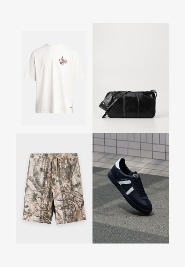 Tricou din bumbac crem, cu mâneci scurte și decolteu rotund. Prezintă un print grafic în nuanțe de albastru și roșu, cu text și un motiv.; šorturi cu model de camuflaj, realizate dintr-un material ușor; prezintă un tiv elastic cu șnur; culorile includ bej, maro și verde.; Sneaker din piele neagră cu dungi albe, talpă din cauciuc texturat și șireturi. Prezintă un eticheta de marcă pe limbă.; Geantă de umăr din piele neagră cu închidere cu fermoar, având un corp texturat, cusături albe și o curea cu ochiuri argintii.