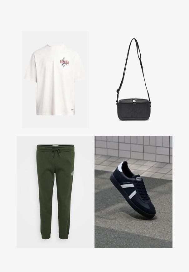 Kreminės spalvos medvilninė marškinė su trumptomis Rankovėmis ir apvaliu iškirpimu. Su grafiniu spausdinimu mėlynos ir raudonos spalvos su tekstu ir motyvu.; Alyvuogių žaliai sportinės kelnės, pagamintos iš minkštos medvilnės mišinio, su elastinga juosta ir raišteliu, bei daugiausiai juostelėmis apatinėje dalyje.; Juodas odinis sportinis batelis su baltais dryžiais, tekstūruota gumine padais ir raišteliais priekyje. Yra prekės ženklą žymintis etiketė ant liežuvio.; Juodas odinis per petį nešiojamas krepšys su užtrauktuku, iškilniu logotipu priekyje ir reguliuojama dirželiu. Lygus paviršius, stačiakampio formos.