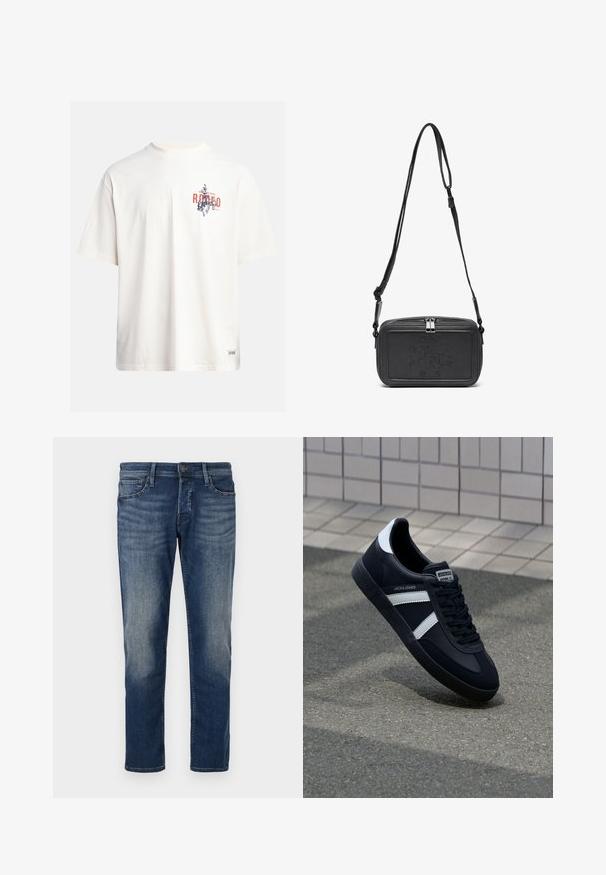 Kreemikollane puuvillane T-särk lühikeste varrukatega ja ümara kaelusega. Omab sinist ja punast graafilist trükist, millel on tekst ja motiiv.; Tumedast sinisest denimist teksad klassikalise lõikega, viie taskuga disain, õrn fading reie piirkonnas ja sirge säärelõige. Metallne nupu sulgemine.; Must have musta sneaker musta valgete triipudega, tekstuurne kummitald ja nööridega esiosa. Omab bränditud märki keele peal.; Musternast mustriga nahast ristiõlgadega kott, millel on tõmbluku sulgemine, esiküljel on sissepressitud logo ja reguleeritav rihm. Sile tekstuur ja ristkülikukujuline kuju.