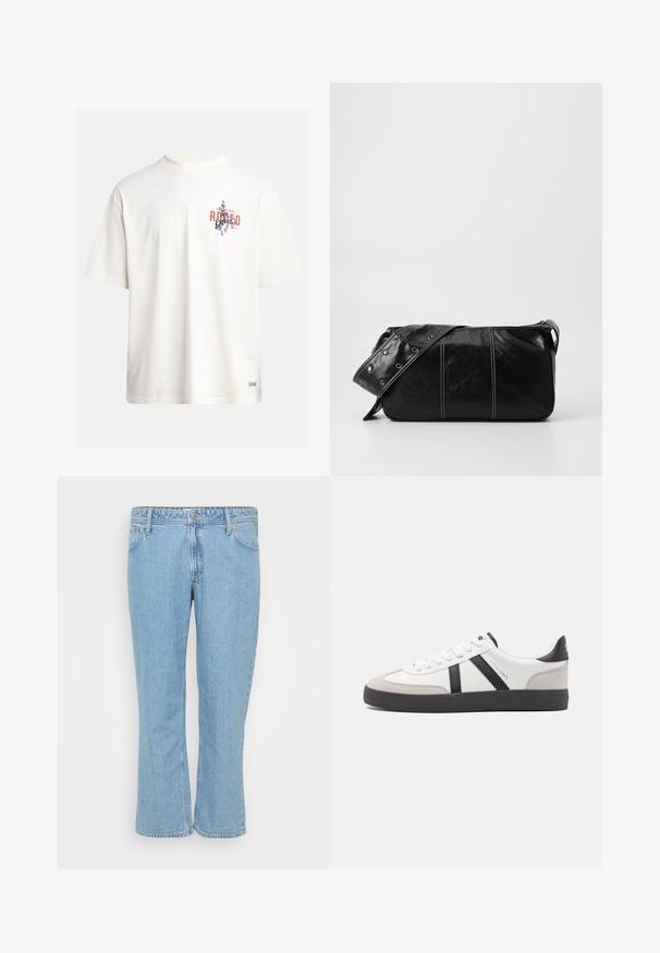 Krēmkrāsas kokvilnas T-krekls ar īsām piedurknēm un apaļu kakla izgriezumu. Ar zilas un sarkanas krāsas grafisku druku, kas ietver tekstu un motīvu.; Gai zilas džinsu bikses ar taisnu kāju dizainu, piecas kabatas un pogu aizdare jostasvietā.; Baltas sneakeris ar melniem un pelēkiem akcentiem, kuram ir teksturēts pelēks purngals, melna gumijas zole un plakanas baltas šņores. Tīrs dizains, minimālisma stils.; Melnas ādas plecu soma ar rāvējslēdzēja aizdari, ar teksturētu virsmu, baltu dūrienu un siksnu ar sudraba iekavām.