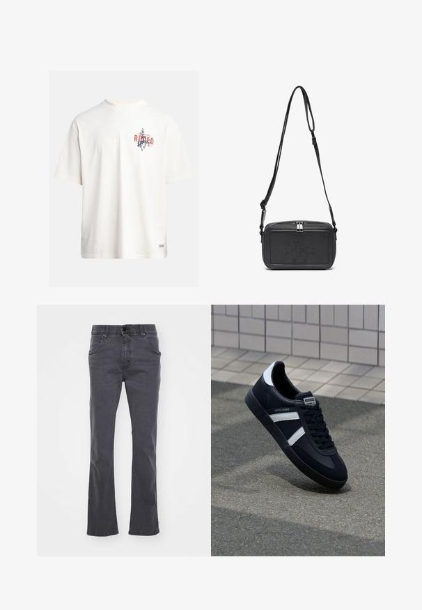 Kreemikollane puuvillane T-särk lühikeste varrukatega ja ümara kaelusega. Omab sinist ja punast graafilist trükist, millel on tekst ja motiiv.; Hallidehalli teksased, millel on laiad sääred, viis taskut ja nupulukuga kinnitamine. Kanga pind on sile ja selles on peenetöödeldud õmblused.; Must have musta sneaker musta valgete triipudega, tekstuurne kummitald ja nööridega esiosa. Omab bränditud märki keele peal.; Musternast mustriga nahast ristiõlgadega kott, millel on tõmbluku sulgemine, esiküljel on sissepressitud logo ja reguleeritav rihm. Sile tekstuur ja ristkülikukujuline kuju.