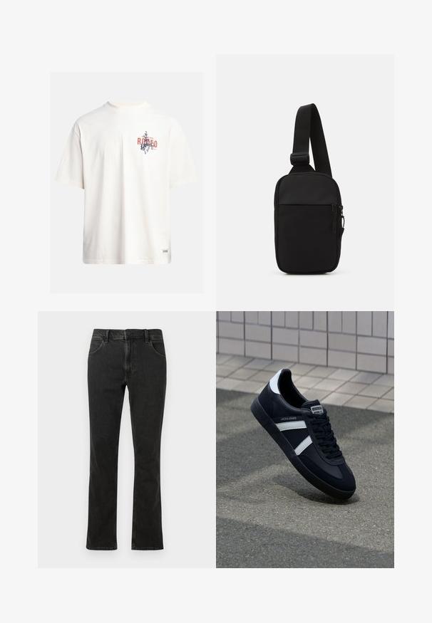 Kremna bombažna majica s kratkimi rokavi in okroglim izrezom. Ima grafični tisk v modri in rdeči barvi z besedilom in motivom.; Črne jeans hlače straight-leg iz denima, s petimi žepi, gumbom za zapiranje in kontrastnim šivom ob šivih.; Črne usnjene superge z belimi črtami, teksturiran gumijast podplat in zavezovanje spredaj. Imajo označeno oznako na ježku.; Črna torba za čez ramo, izdelana iz trpežnega materiala, z enim nastavljivim trakom, z glavnim predalom na zadrgo in sprednjim žepom.
