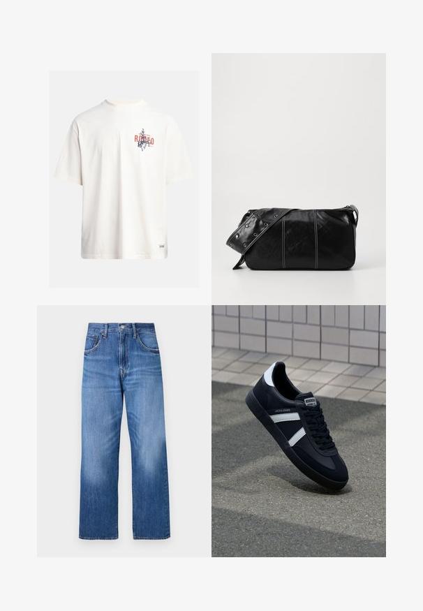 T-shirt in cotone crema con maniche corte e scollatura a girocollo. Presenta una stampa grafica in blu e rosso con testo e un motivo.; Jeans in denim azzurro chiaro con un design a gamba larga, dotati di cinque tasche, chiusura frontale con bottone e sbiaditure sottili sul davanti.; Sneaker neri in pelle con strisce bianche, suola in gomma texturizzata e allacciatura frontale. Presenta un'etichetta con il marchio sulla linguetta.; Borsa a spalla in pelle nera con chiusura a zip, caratterizzata da un corpo testurizzato, cuciture bianche e una tracolla con occhielli in argento.