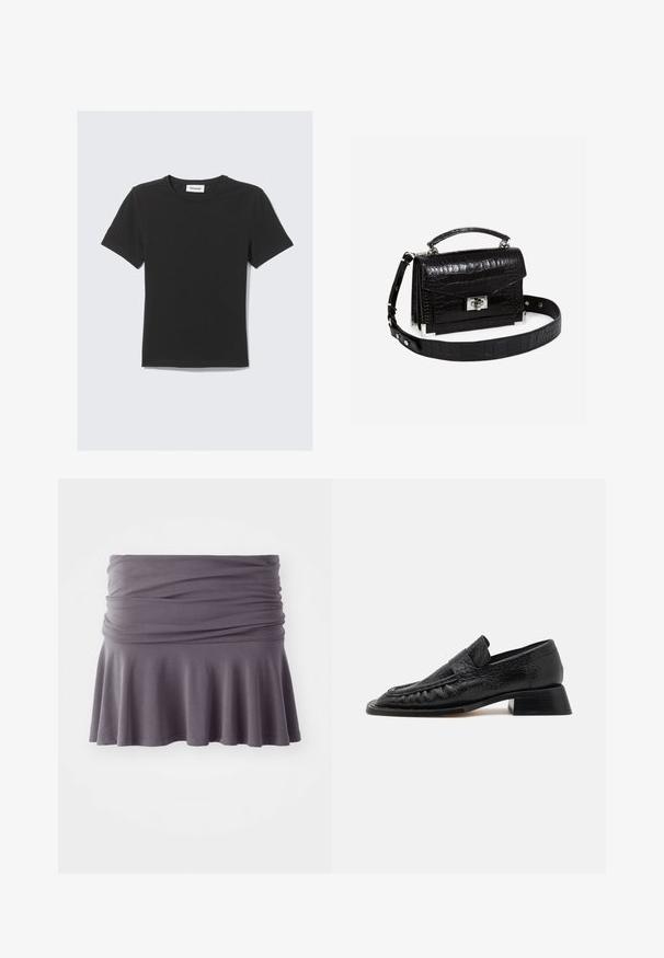 Μαύρη κοντομάνικη μπλούζα φτιαγμένη από μαλακό βαμβακερό ύφασμα με στρογγυλή λαιμόκοψη και άνετη γραμμή, με καθαρό σχέδιο και χωρίς ορατά μοτίβα.; Γκρι, φούστα μέχρι το γόνατο φτιαγμένη από μαλακό ύφασμα με ελαστική μέση και φουσκωτό στρίφωμα. Διαθέτει λεία υφή και απλό σχέδιο.; MIISTA AIRI LOAFERS - Παπούτσια χωρίς κορδόνια - black; Μαύρη τσάντα χεριού με ανάγλυφο σχέδιο κροκοδείλου, με δομημένο σχήμα, ασημί μεταλλικά στοιχεία, αποσπώμενο λουρί και λαβή στην κορυφή. Σημαντική λεπτομέρεια στη σφραγίδα.