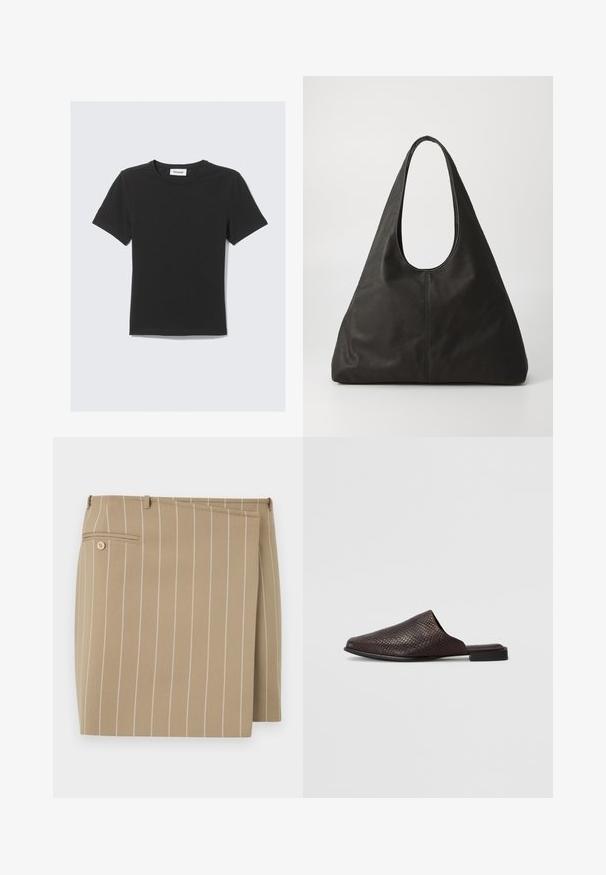 Musthave lühikeste varrukatega must T-särk, mis on valmistatud pehmest puuvillast. Ümar kaelus ja lõtv lõige, puhas disain ilma nähtavate mustriteta.; Beež seelik, millel on vertikaalsed valged triibud, valmistatud tekstuurilisest kangast. Omab esipaneeli ja tagakoti nuppudega detaili.; Mustad musta mules, mis on valmistatud tekstuuriga materjalist ja millel on roomajate mustriga pind, madala ja tasase kontsaga ning ümmargune avatud varvaste disain.; Must mustkott mustriga käsnaga, pikliku kolmnurkse kuju ja sileda tekstuuriga. Omab minimalistlikku disaini ilma nähtavate seadmeteta.