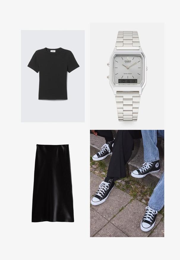 Camiseta negra de manga corta hecha de suave tela de algodón, con cuello redondo y un corte holgado, que presenta un diseño limpio y sin patrones visibles.; Falda maxi de satén negra con una textura suave, corte recto y una cinturilla elástica. Sin patrones o adornos visibles.; Zapatillas de lona negras de caña alta con suelas y cordones de goma blanca, con un logo circular en el lado, combinadas con unos pantalones de mezclilla y negros.; Reloj de cuarzo Casio plateado con esfera rectangular, displays analógico y digital, pulsera de acero inoxidable y características de resistencia al agua.