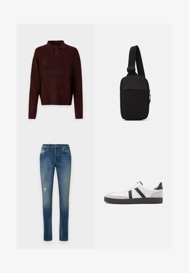 Rjav pleten pulover s polo ovratnikom, tremi gumbi na vratu in dolgimi rokavi. Mehak material, rebrasti manšeti in rob.; Slim fit modre kavbojke iz denima, s svetlim pranjem, subtilnimi poškodbami na stegnu in klasičnim zasnovanjem s petimi žepi.; Bela športna obutev z črnimi in sivo akcenti, z teksturirano sivo kapico za prste, črnim gumijastim podplatom in ravnimi belimi vezalkami. Čista zasnova, minimalistični slog.; Črna torba za čez ramo, izdelana iz trpežnega materiala, z enim nastavljivim trakom, z glavnim predalom na zadrgo in sprednjim žepom.