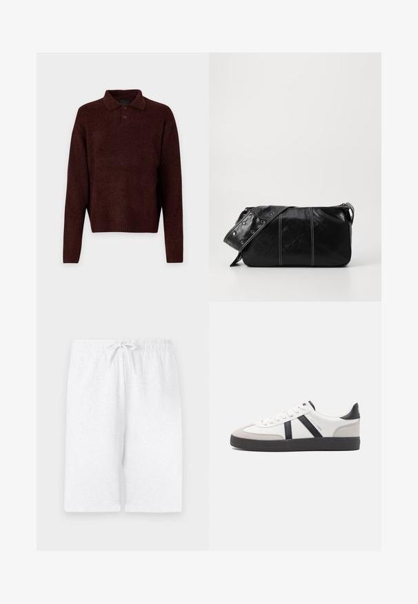 Pruun kudumiga pehme pullover, millel on polo kaelus, kolm nuppu kaela juures ja pikad varrukad. Pehme tekstuur, ribidega mansetid ja äär.; Valged puuvillased lühikesed püksid elastse vöökoha ja reguleeritava nööriga. Omavad sirget lõiget ja siledat tekstuuri. Ilma mustriteta või aksessuaarideta.; Valged tossud mustade ja hallide aktsentidega, tekstureeritud halli varbakattega, musta kummitald ja lamedad valged paelad. Puhtad jooned, minimalistlik stiil.; Must mustra nahkainine õlakott, millel on tõmblukk, tekstureeritud pind, valged õmblused ja rihm hõbedaste rõngastega.