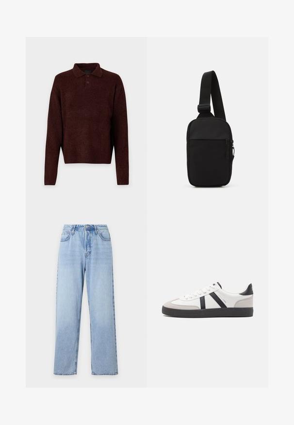 Smeđi pleteni pulover s polo ovratnikom, tri gumba na vratu i dugim rukavima. Meka tekstura, rebrasti manžeti i rub.; Svijetloplavi traperice ravnog kroja, visokog struka, s pet džepova i kopčanjem na gornji gumb. Imaju izblijedjeli izgled i kontrastne šavove.; Bijele tenisice s crnim i sivim detaljima, s teksturiranim sivim zaštitnikom prstiju, crnim gumene potplate i ravnim bijelim vezicama. Čist dizajn, minimalistički stil.; Crna torba preko tijela napravljena od izdržljive tkanine, s jednim podesivim remenom, glavnim odjeljkom na patentni zatvarač i prednjim džepom.