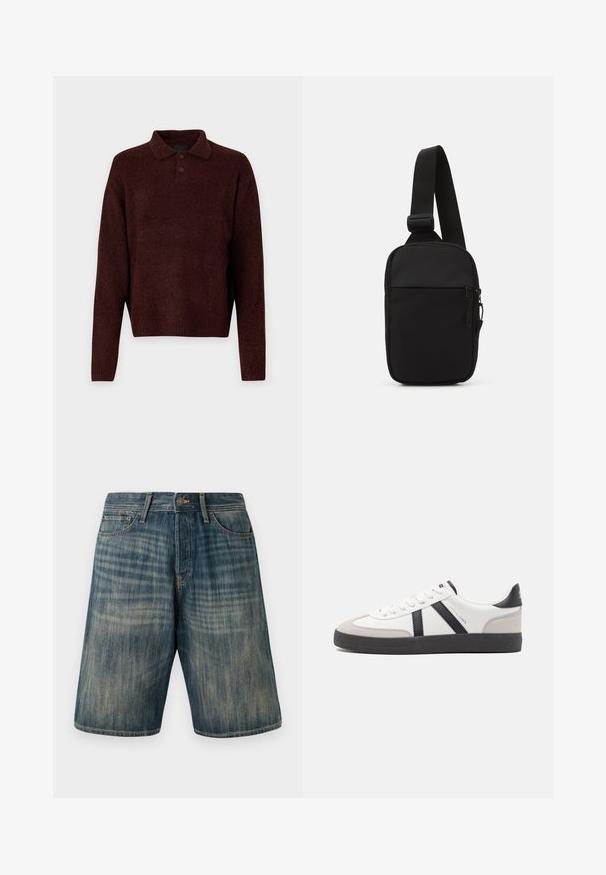 Pruun kudumiga pehme pullover, millel on polo kaelus, kolm nuppu kaela juures ja pikad varrukad. Pehme tekstuur, ribidega mansetid ja äär.; Heledad teksased valguses sinises toonis, koos pleekinud viimistlusega, viie tasku, vööpaela silmade ja nööpkinnitusega vöökohal.; Valged tossud mustade ja hallide aktsentidega, tekstureeritud halli varbakattega, musta kummitald ja lamedad valged paelad. Puhtad jooned, minimalistlik stiil.; Mustmust crossbody kott mustekangast, millel on üks reguleeritav rihm, lukuga põhiosas ja eesmine tasku.