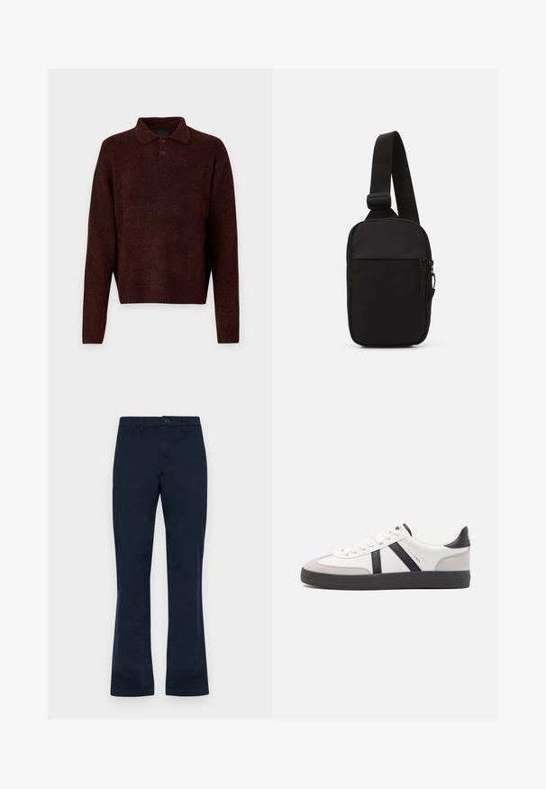 Pruun kudumiga pehme pullover, millel on polo kaelus, kolm nuppu kaela juures ja pikad varrukad. Pehme tekstuur, ribidega mansetid ja äär.; Tumed sinise puuvillased püksid sirge sääre disainiga, millel on ees nuppude sulgemine, vöörihmade augud ja kaks külgtaskut. Sile tekstuur.; Valged tossud mustade ja hallide aktsentidega, tekstureeritud halli varbakattega, musta kummitald ja lamedad valged paelad. Puhtad jooned, minimalistlik stiil.; Mustmust crossbody kott mustekangast, millel on üks reguleeritav rihm, lukuga põhiosas ja eesmine tasku.