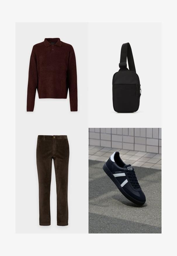 Rudas megztinis su polo apykakle, trimis mygtukais ant kaklo ir ilgomis rankovėmis. Minkšta tekstūra, raukiniai rankogaliuose ir apatine dalyje.; Rudos štrumbo audinio kelnes su tiesia fasonu, matoma raukšlėta tekstūra, mygtuko uždarymas ir sukurtos rankovės. Standartinės kišenės priekyje.; Juodas odinis sportinis batelis su baltais dryžiais, tekstūruota gumine padais ir raišteliais priekyje. Yra prekės ženklą žymintis etiketė ant liežuvio.; Juodas per petį nešiojamas krepšys, pagamintas iš patvarios medžiagos, su vienu reguliuojamu diržu, užtrauktuku užsidarančia pagrindine kišene ir priekyje esančia kišene.