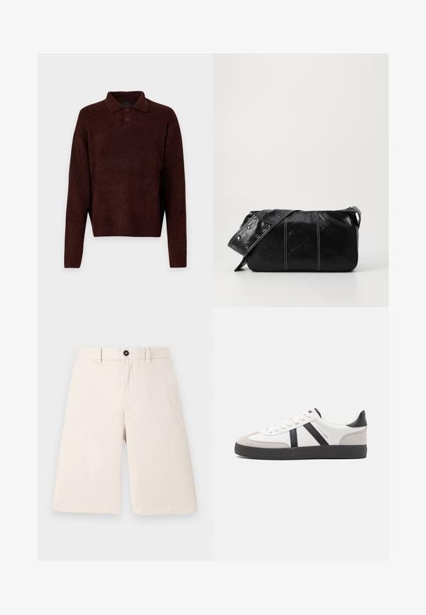 Brązowy sweter robiony na drutach z kołnierzykiem polo, trzema guzikami przy szyi i długimi rękawami. Miękka faktura, ściągacze na rękawach i u dołu.; Beżowe bawełniane szorty o prostym kroju, z zapięciem na guzik i pętlami na pasek. Gładka tekstura bez wzorów lub akcentów.; Białe sneakersy z czarnymi i szarymi akcentami, z teksturowanym szarym czubkiem, czarną gumową podeszwą i płaskimi białymi sznurowadłami. Czysty design, minimalistyczny styl.; Czarna skórzana torba na ramię z zamkiem błyskawicznym, charakteryzująca się teksturowanym korpusem, białymi przeszyciami oraz paskiem z srebrnymi osłonkami.