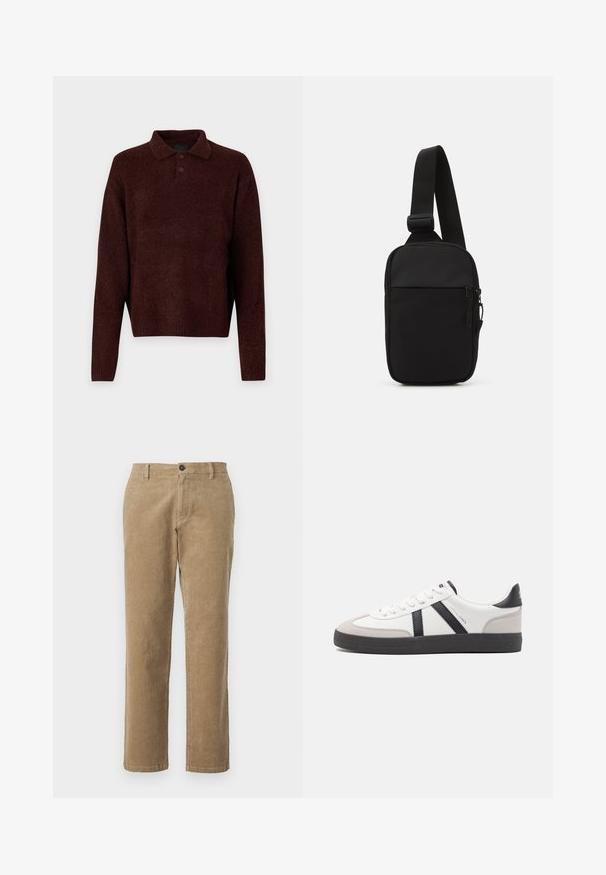 Brun strikket genser med polo krage, tre knapper ved halsen og lange ermer. Myk tekstur, ribbede mansjetter og kant.; Brune kordfløyelsbukser med rett kutt, knappelukking og beltehemper; har vertikalt ribbet tekstur og rene falmer.; Hvite sneakers med svarte og grå detaljer, med en teksturert grå tåhette, svart gummisåle, og flate hvite lisser. Rent design, minimalistisk stil.; Svart skulderveske laget av slitesterkt stoff, med en justerbar stropp, en glidelåslukking på hovedrommet og en frontlomme.
