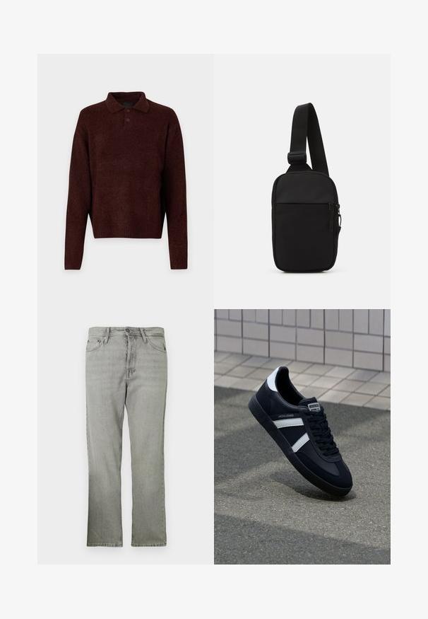 Pruun kudumiga pehme pullover, millel on polo kaelus, kolm nuppu kaela juures ja pikad varrukad. Pehme tekstuur, ribidega mansetid ja äär.; Heledad hallide denim püksid, sirge lõikega, viie taskuga stiilis, ees lukk ja peene kulumise tekstuur.; Must have musta sneaker musta valgete triipudega, tekstuurne kummitald ja nööridega esiosa. Omab bränditud märki keele peal.; Mustmust crossbody kott mustekangast, millel on üks reguleeritav rihm, lukuga põhiosas ja eesmine tasku.