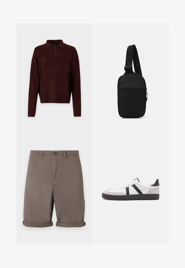 Bruin gebreid pullover met een polo kraag, drie knopen bij de hals en lange mouwen. Zachte textuur, geribde manchetten en zoom.; Bruine katoenen shorts met een recht snit, voorzien van een knoopsluiting en opgerolde mouwen. Glad textuur, geen zichtbare patronen of accenten.; Witte sneaker met zwarte en grijze accenten, voorzien van een grijze neus met textuur, zwarte rubberen zool en platte witte veters. Schoon ontwerp, minimalistische stijl.; Zwarte schoudertas gemaakt van duurzaam stof, met een enkele verstelbare schouderband, een gepartitioneerd hoofdcompartiment met rits en een voorvak.