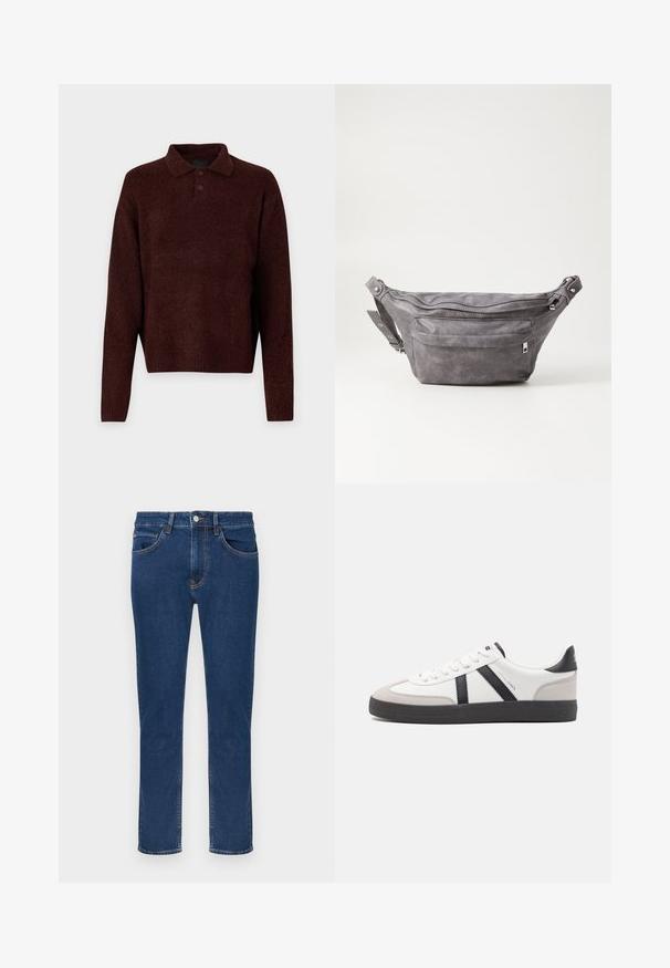 Rjav pleten pulover s polo ovratnikom, tremi gumbi na vratu in dolgimi rokavi. Mehak material, rebrasti manšeti in rob.; Modre kavbojke iz džinsa z zadrgo in gumbom, sprednjimi in zadnjimi žepi ter ravnim krojem hlačnic na belem ozadju.; Bela športna obutev z črnimi in sivo akcenti, z teksturirano sivo kapico za prste, črnim gumijastim podplatom in ravnimi belimi vezalkami. Čista zasnova, minimalistični slog.; Sivkasta zamšasta torbica s okroglo obliko, dvema žepoma na zadrgo in nastavljivim trakom. Ima kovinske dodatke.