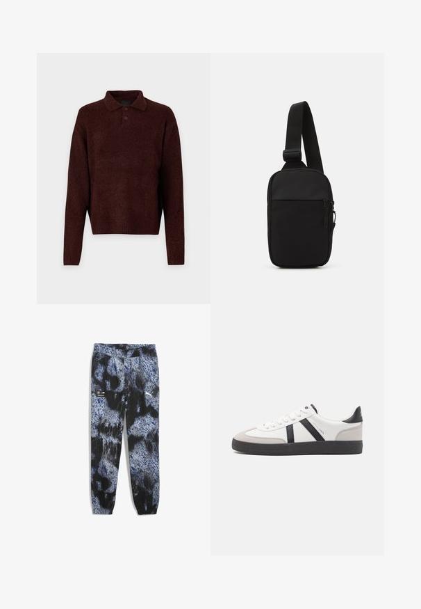 Rudas megztinis su polo apykakle, trimis mygtukais ant kaklo ir ilgomis rankovėmis. Minkšta tekstūra, raukiniai rankogaliuose ir apatine dalyje.; Sofios audiniai, kurių dizainas yra mėlynos, juodos ir pilkos spalvų abstraktinis raštas, elastinga juosmuo ir surištos blauzdos. Įtraukta Puma ir BMW logotipai.; Balti sportbačiai su juodais ir pilkais akcentais, pasižymintys tekstūruotu pilku pirštų dangteliu, juoda gumine padais ir plokščiomis baltomis raišteliais. Švarus dizainas, minimalistinis stilius.; Juodas per petį nešiojamas krepšys, pagamintas iš patvarios medžiagos, su vienu reguliuojamu diržu, užtrauktuku užsidarančia pagrindine kišene ir priekyje esančia kišene.