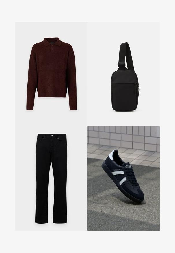 Brun strikket genser med polo krage, tre knapper ved halsen og lange ermer. Myk tekstur, ribbede mansjetter og kant.; Svarte denimbukser med rett ben-design, med fem lommer, knapper, og sølvfargede detaljer. Glatt tekstur.; Sorte lærersneaker med hvite striper, teksturert gummihæl og snøring foran. Har et merketikett på tungen.; Svart skulderveske laget av slitesterkt stoff, med en justerbar stropp, en glidelåslukking på hovedrommet og en frontlomme.