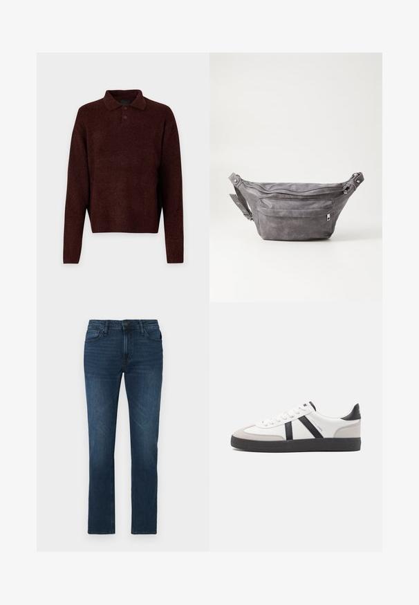 Pruun kudumiga pehme pullover, millel on polo kaelus, kolm nuppu kaela juures ja pikad varrukad. Pehme tekstuur, ribidega mansetid ja äär.; Tumedat sinised denim teksad sirge sääre lõikega, mis on varustatud nööbi ja tõmblukuga, viie-tasku kujundusega ning kangas on veidi pleekinud.; Valged tossud mustade ja hallide aktsentidega, tekstureeritud halli varbakattega, musta kummitald ja lamedad valged paelad. Puhtad jooned, minimalistlik stiil.; Hallikate nahast vöö kott, millel on ümar kuju, kaks tõmblukuga taskut ning reguleeritav rihm. Varustatud metallist detailide aktsentidega.