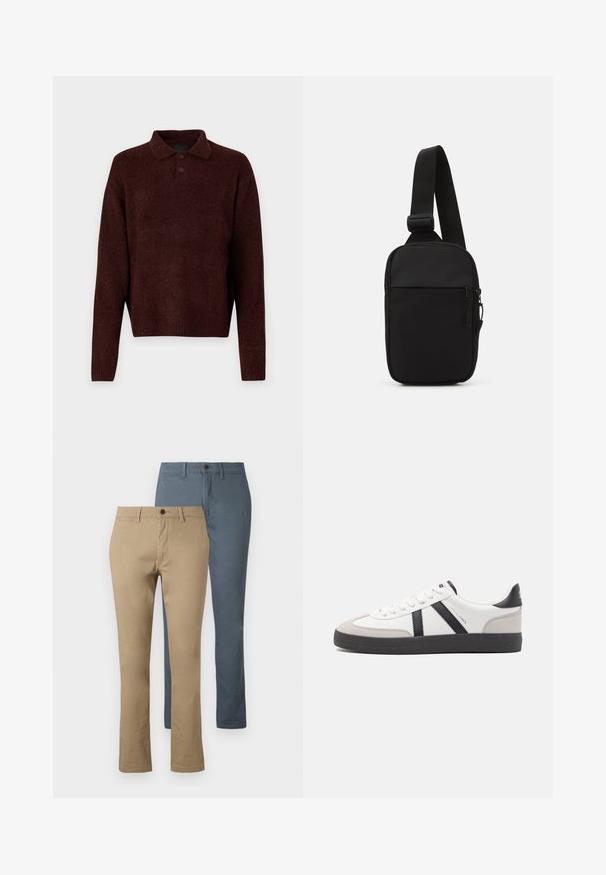 Pull en maille brun avec col polo, trois boutons au cou, et manches longues. Texture douce, poignets et ourlet à côtes.; Deux paires de pantalons à jambes droites : une en kaki et une en bleu foncé. Fabriqués en coton ; dotés d'une taille et d'une fermeture à bouton.; Baskets blanches avec des accents noirs et gris, présentant un embout texturé gris, une semelle en caoutchouc noir et des lacets plats blancs. Design épuré, style minimaliste.; Sac bandoulière noir en tissu durable, avec une seule sangle ajustable, un compartiment principal zippé et une poche avant.