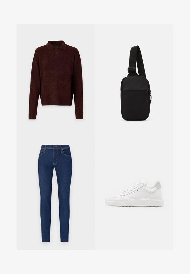 Pruun kudumiga pehme pullover, millel on polo kaelus, kolm nuppu kaela juures ja pikad varrukad. Pehme tekstuur, ribidega mansetid ja äär.; Kitsad teksad tumedas sinise denimis, oranži õmblustega. Omab kahte esi-taskut ja nupuvajutust. Sujuv tekstuur ja liibuv disain.; Valged nahast spordijalatsid siledast nahast viimistlusega, ümarate varvastega, lamekestega ja tekstuuriga tallaga. Hall suede aktsent kanna juures.; Mustmust crossbody kott mustekangast, millel on üks reguleeritav rihm, lukuga põhiosas ja eesmine tasku.