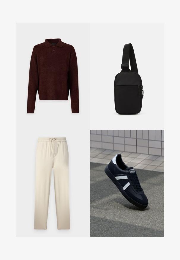 Brauner Strickpullover mit Polo-Kragen, drei Knöpfen am Hals und langen Ärmeln. Weiche Textur, gerippte Bündchen und Saum.; Beige Sweatpants mit einem Kordelzugbund, aus einem strukturierten Stoff und zwei Seitentaschen, die sanft zum Knöchel zulaufen.; Schwarze Leder-Sneaker mit weißen Streifen, strukturiertem Gummisohle und Schnürung. Verfügt über ein Markenetikett auf der Zunge.; Schwarze Umhängetasche aus robustem Gewebe, mit einem verstellbaren Tragegurt, einem Reißverschluss-Hauptfach und einer Fronttasche.