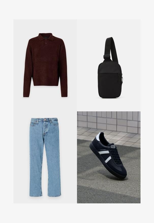 Pruun kudumiga pehme pullover, millel on polo kaelus, kolm nuppu kaela juures ja pikad varrukad. Pehme tekstuur, ribidega mansetid ja äär.; Heleda sinise värvi sirged denimi teksad eest nupuga, lukuga ja viie taskuga disainiga valge tausta peal.; Must have musta sneaker musta valgete triipudega, tekstuurne kummitald ja nööridega esiosa. Omab bränditud märki keele peal.; Mustmust crossbody kott mustekangast, millel on üks reguleeritav rihm, lukuga põhiosas ja eesmine tasku.