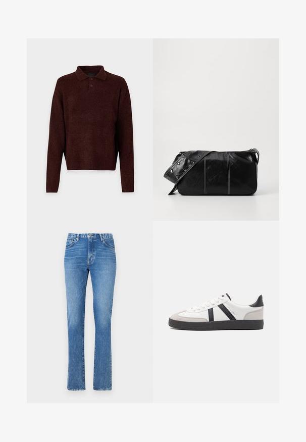 Pulóver marrón de punto con cuello polo, tres botones en el cuello y mangas largas. Textura suave, puños y dobladillo acanalados.; Jeans de mezclilla azul claro con diseño de pierna recta, cintura de media altura y estilo de cinco bolsillos. Presenta costuras visibles y un cierre de botón.; Zapatilla blanca con acentos en negro y gris, que presenta una puntera texturizada en gris, suela de goma negra y cordones planos blancos. Diseño limpio, estilo minimalista.; Bolso de hombro de cuero negro con cierre de cremallera, que presenta un cuerpo texturizado, costuras blancas y una correa con ojales plateados.