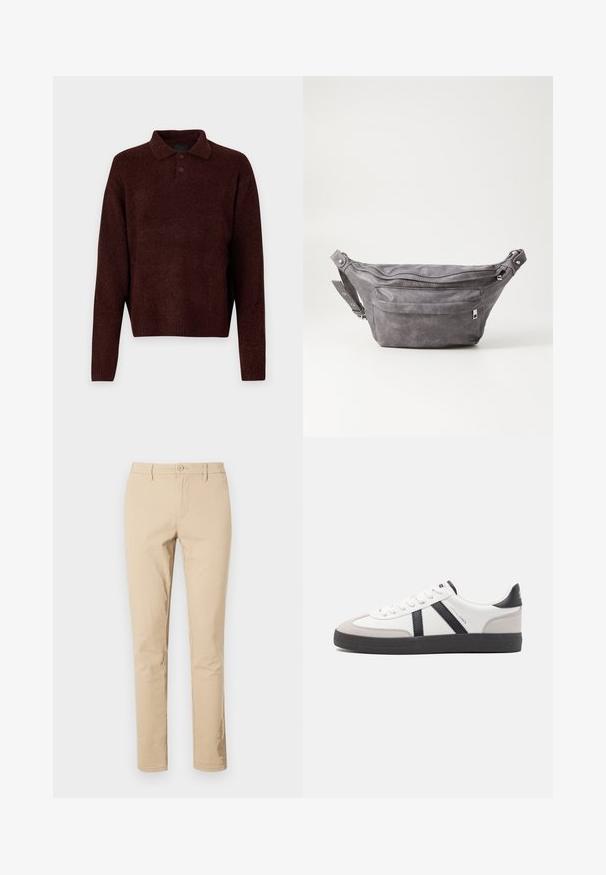 Hnědý pletený pullover s polo límcem, třemi knoflíky na krku a dlouhými rukávy. Měkká textura, žebrované manžety a lem.; béžové bavlněné kalhoty s klasickým střihem, zapínáním na zip a knoflík, poutky na opasek a čistými lemy. Bez viditelných vzorů nebo akcentů.; Bílé tenisky s černými a šedými akcenty, opatřené texturovaným šedým prstovým krytem, černou gumovou podrážkou a plochými bílými tkaničkami. Čistý design, minimalistický styl.; Šedý semišový ledvinka s kulatým tvarem, dvěma zipovými přihrádkami a nastavitelným popruhem. Obsahuje kovové akcenty.