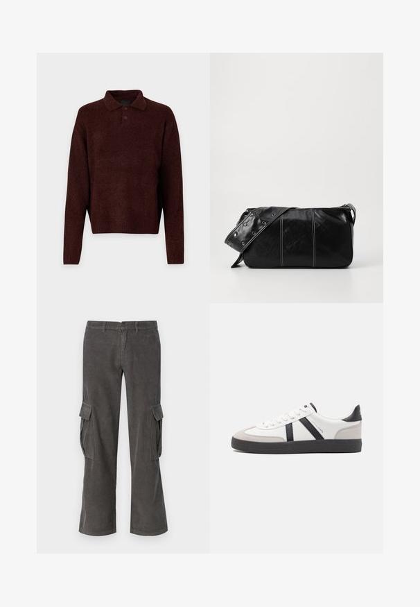 Pulóver marrón de punto con cuello polo, tres botones en el cuello y mangas largas. Textura suave, puños y dobladillo acanalados.; Pantalones cargo de pana gris con un diseño de pierna recta, bolsillos laterales y una sutil textura ondulada. Cierre con botón y cremallera en la cintura.; Zapatilla blanca con acentos en negro y gris, que presenta una puntera texturizada en gris, suela de goma negra y cordones planos blancos. Diseño limpio, estilo minimalista.; Bolso de hombro de cuero negro con cierre de cremallera, que presenta un cuerpo texturizado, costuras blancas y una correa con ojales plateados.