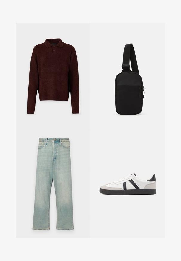 Pulóver marrón de punto con cuello polo, tres botones en el cuello y mangas largas. Textura suave, puños y dobladillo acanalados.; Jeans de mezclilla azul claro con un corte relajado, piernas rectas y un acabado desgastado; cuenta con un cierre clásico de botón y cremallera.; Zapatilla blanca con acentos en negro y gris, que presenta una puntera texturizada en gris, suela de goma negra y cordones planos blancos. Diseño limpio, estilo minimalista.; Bolso cruzado negro fabricado en tejido duradero, con una sola correa ajustable, un compartimento principal con cremallera y un bolsillo delantero.
