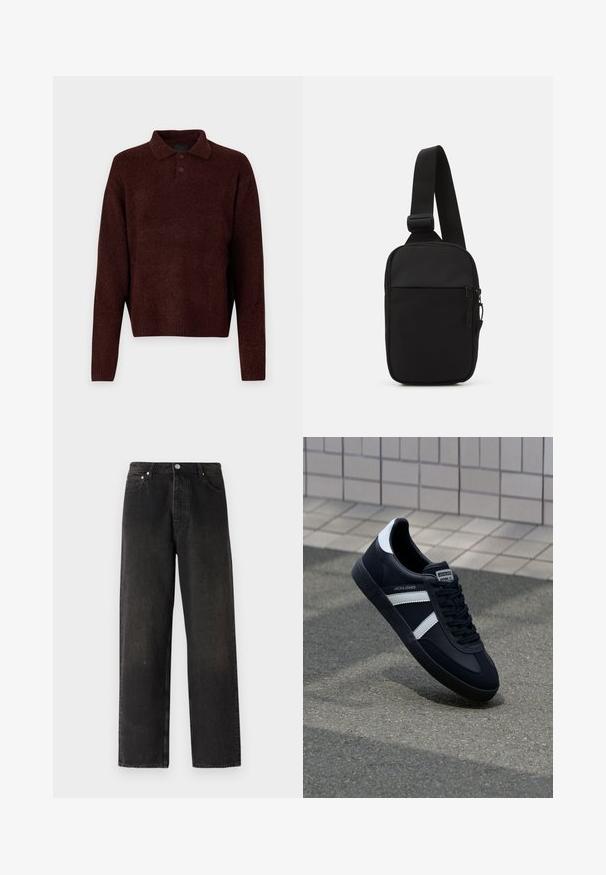 Brauner Strickpullover mit Polo-Kragen, drei Knöpfen am Hals und langen Ärmeln. Weiche Textur, gerippte Bündchen und Saum.; Schwarze Jeans aus Denim mit geradem Bein, fünf Taschen, Messingknopf und dezenten Strukturvariationen im Stoff.; Schwarze Leder-Sneaker mit weißen Streifen, strukturiertem Gummisohle und Schnürung. Verfügt über ein Markenetikett auf der Zunge.; Schwarze Umhängetasche aus robustem Gewebe, mit einem verstellbaren Tragegurt, einem Reißverschluss-Hauptfach und einer Fronttasche.