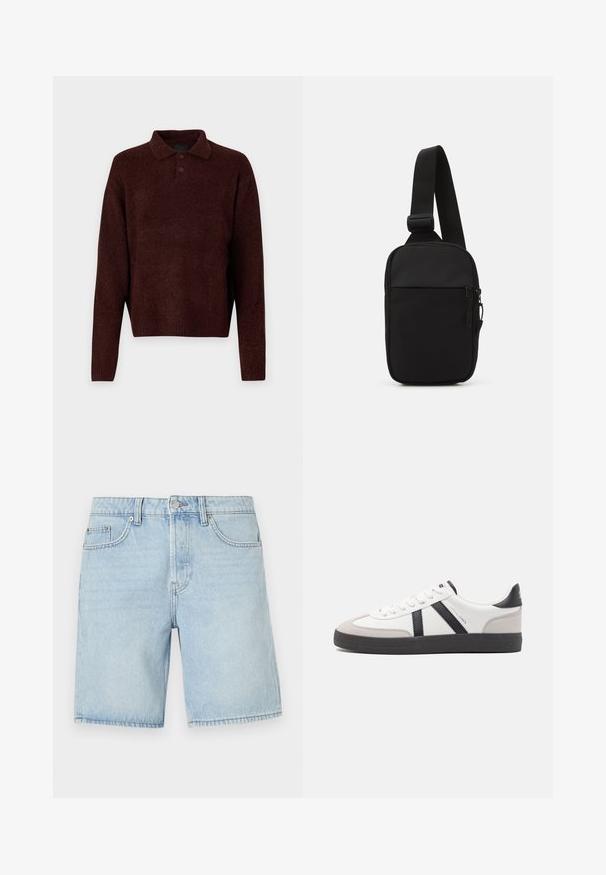Brun strikket genser med polo krage, tre knapper ved halsen og lange ermer. Myk tekstur, ribbede mansjetter og kant.; Lys blå denimshorts med en klassisk femlommersdesign, rett snitt og synlig søm. Har metallknapp og glidelåsesslutt.; Hvite sneakers med svarte og grå detaljer, med en teksturert grå tåhette, svart gummisåle, og flate hvite lisser. Rent design, minimalistisk stil.; Svart skulderveske laget av slitesterkt stoff, med en justerbar stropp, en glidelåslukking på hovedrommet og en frontlomme.