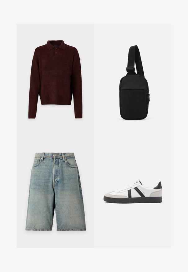 Brown knitted pullover with a polo collar, three buttons at the neck, and long sleeves. Soft texture, ribbed cuffs, and hem.; Light blue denim shorts with a relaxed fit, featuring five pockets, a front button closure, and an uneven hemline.; White sneaker with black and gray accents, featuring a textured gray toe cap, black rubber sole, and flat white laces. Clean design, minimalist style.; Black crossbody bag made of durable fabric, featuring a single adjustable strap, a zippered main compartment, and a front pocket.