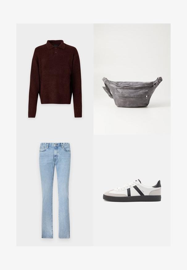 Brązowy sweter robiony na drutach z kołnierzykiem polo, trzema guzikami przy szyi i długimi rękawami. Miękka faktura, ściągacze na rękawach i u dołu.; Jasnoniebieskie dżinsy o prostym kroju, z pięcioma kieszeniami i zapięciem na guzik. Gładka tekstura i równomierne spranie.; Białe sneakersy z czarnymi i szarymi akcentami, z teksturowanym szarym czubkiem, czarną gumową podeszwą i płaskimi białymi sznurowadłami. Czysty design, minimalistyczny styl.; Szara zamszowa saszetka biodrowa o zaokrąglonym kształcie, z dwoma zasuwanymi komorami i regulowanym paskiem. Wyróżnia się metalowymi akcentami.