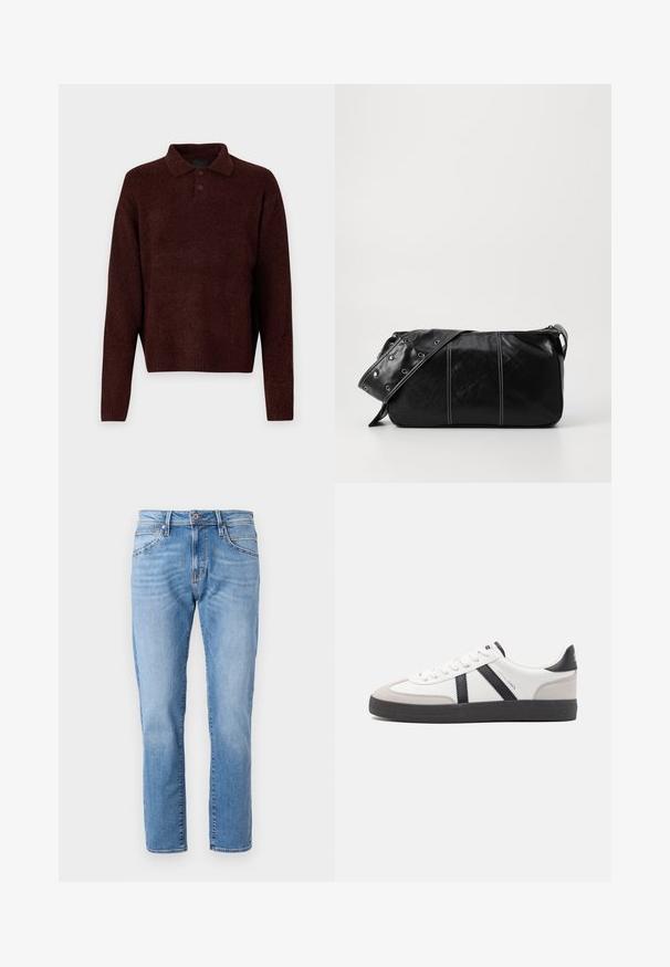 Rudas megztinis su polo apykakle, trimis mygtukais ant kaklo ir ilgomis rankovėmis. Minkšta tekstūra, raukiniai rankogaliuose ir apatine dalyje.; Šviesiai mėlyni džinsai su tiesiomis kojomis, klasikinis penkių kišenių dizainas, subtilus išblukimas ir kontrastingas mygtuko užsegimas juosmens srityje.; Balti sportbačiai su juodais ir pilkais akcentais, pasižymintys tekstūruotu pilku pirštų dangteliu, juoda gumine padais ir plokščiomis baltomis raišteliais. Švarus dizainas, minimalistinis stilius.; Juodas odinis pečių krepšys su užtrauktuku, turintis tekstūruotą paviršių, baltą siuvinėjimą ir dirželį su sidabinėmis metalinėmis detalėmis.