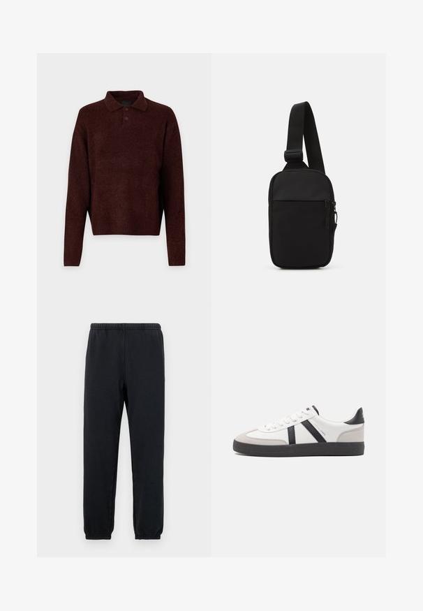Smeđi pleteni pulover s polo ovratnikom, tri gumba na vratu i dugim rukavima. Meka tekstura, rebrasti manžeti i rub.; Crne trenirke s elastičnim pojasom i suženim gležnjevima; napravljene od mekog, rastezljivog materijala, s minimalističkim dizajnom bez uzoraka.; Bijele tenisice s crnim i sivim detaljima, s teksturiranim sivim zaštitnikom prstiju, crnim gumene potplate i ravnim bijelim vezicama. Čist dizajn, minimalistički stil.; Crna torba preko tijela napravljena od izdržljive tkanine, s jednim podesivim remenom, glavnim odjeljkom na patentni zatvarač i prednjim džepom.