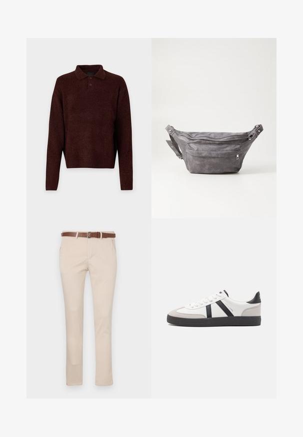Brun strikket pullover med polo-krave, tre knapper ved halsen og lange ærmer. Blød tekstur, ribbede ærmer og kant.; Beige chinos lavet af bomuld, med et brunt læderbælte, standardlommer og en skræddersyet pasform med lige ben.; Hvide sneakers med sorte og grå detaljer, med en tekstureret grå tåhætte, sort gummisål og flade hvide snørebånd. Rent design, minimalistisk stil.; Grå suedefanny pack med en rund form, to lynlåslommer og justerbart strop. Har metalhardware detaljer.